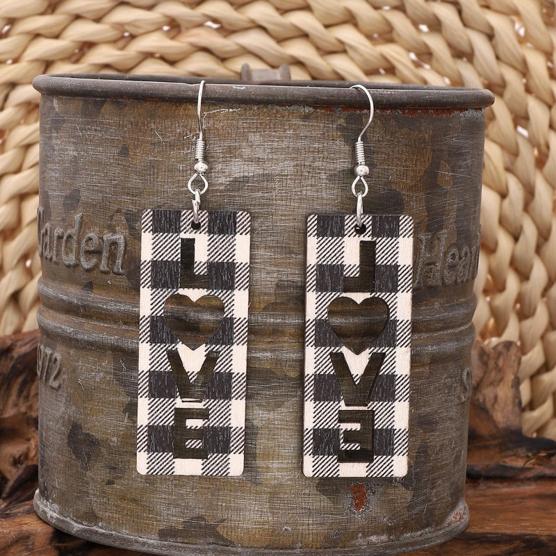Wholesale Plaid Striped English Letter LOVE Wooden Heart-shaped Earrings
