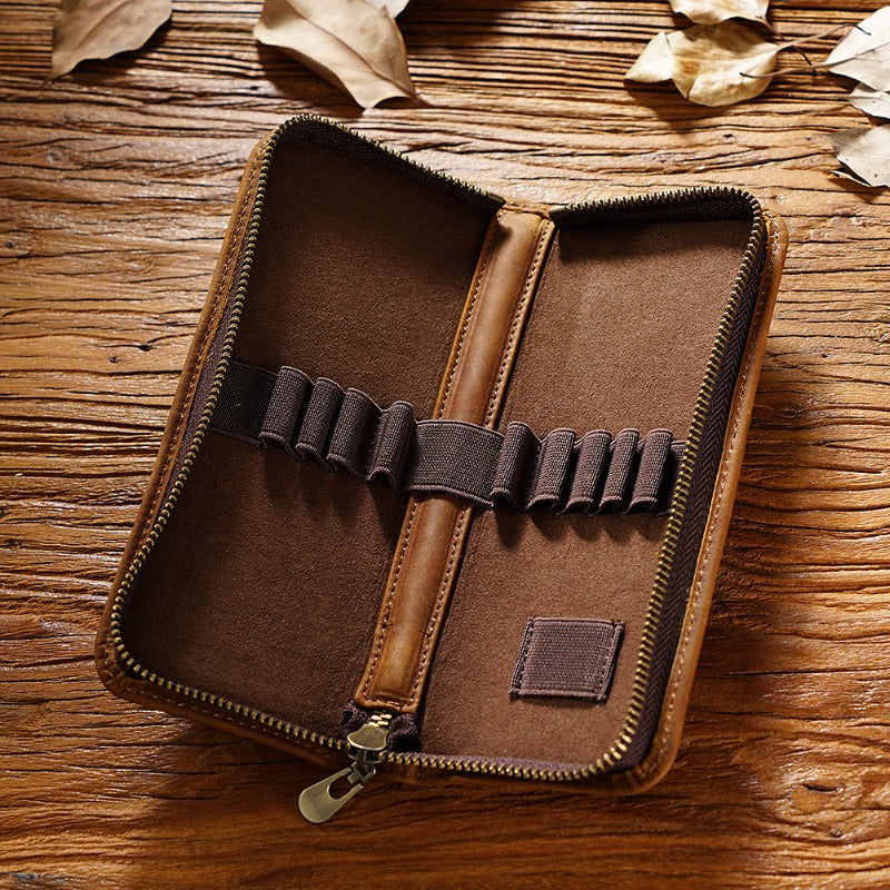 Wholesale First Layer Cowhide Retro Square Men's Zipper Pencil Case