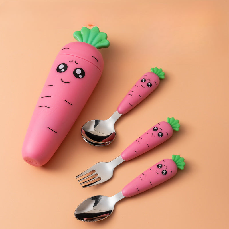 Wholesale Stainless Steel Baby Carrot Cute Short Spoon Fork Cutlery Set