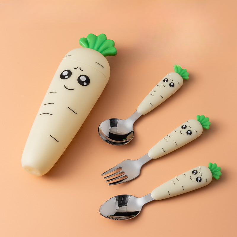 Wholesale Stainless Steel Baby Carrot Cute Short Spoon Fork Cutlery Set