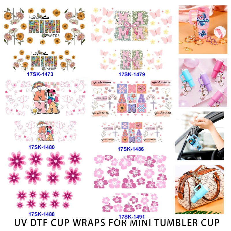 Wholesale 2/4/8 Pcs Mother's Day Colorful Flowers Pink Butter Cartoon Text  UV DTF Wraps Mini Tumbler Cup Keychain Lipstick Holders OLY Exclusive