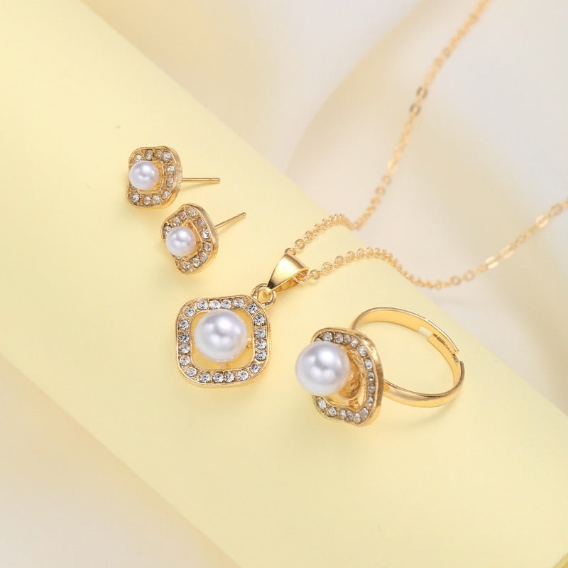 Wholesale Fashion Creative High-end Design Diamond Square Imitation Pearl Earrings Ring Necklace Set
