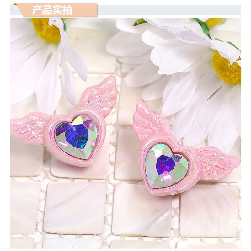 Wholesale 25pcs Double-sided Diamond Wings Love Heart Plated Acrylic Peach Heart Beads