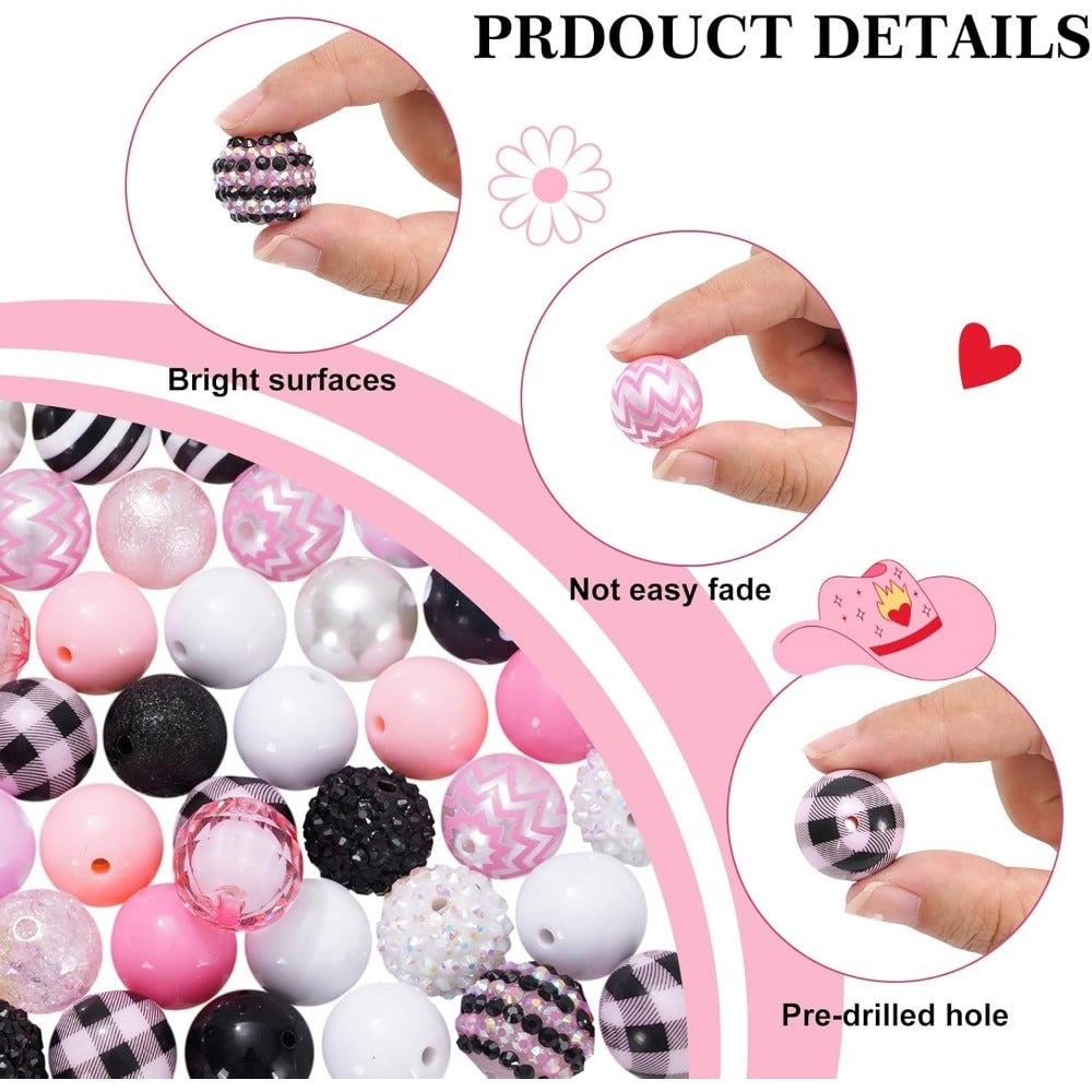 Wholesale Whaline 50Pcs 20mm Mixed Bubblegum Beads 16 Styles Pink & Black Spacer Bead Plaid Dot Wave Chunky Beads Set Jumbo Plastic Beads for Jewelry Making Boutique DIY Craft Supplies