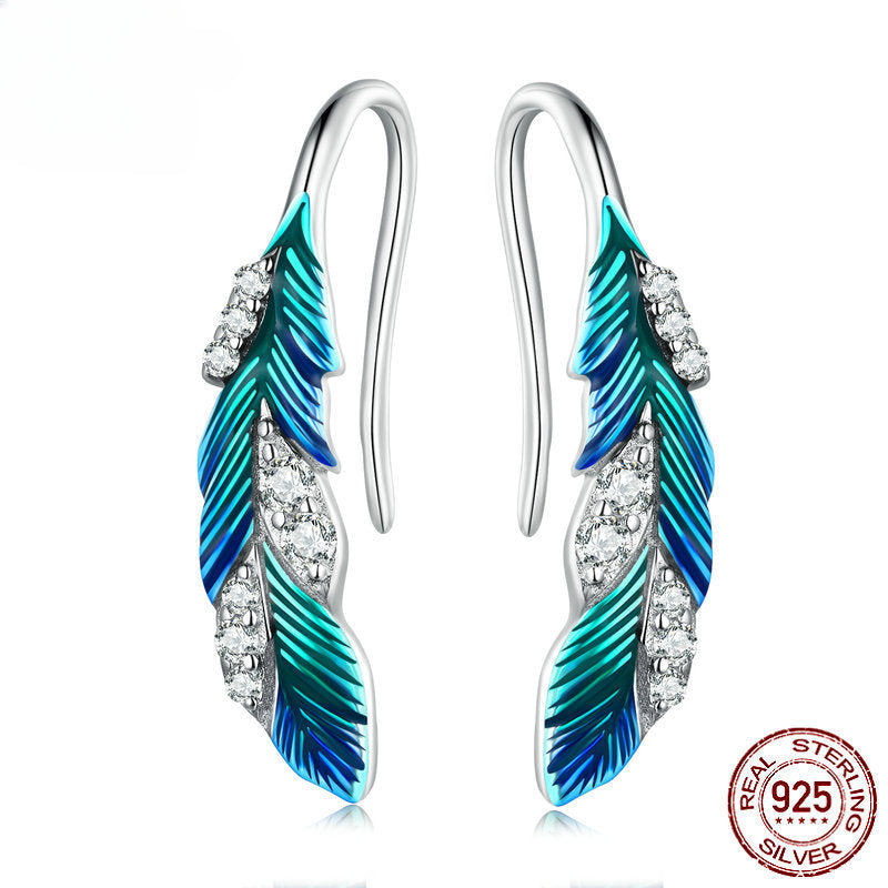 Wholesale S925 Sterling Silver Dazzling Blue Feather Earrings Ring