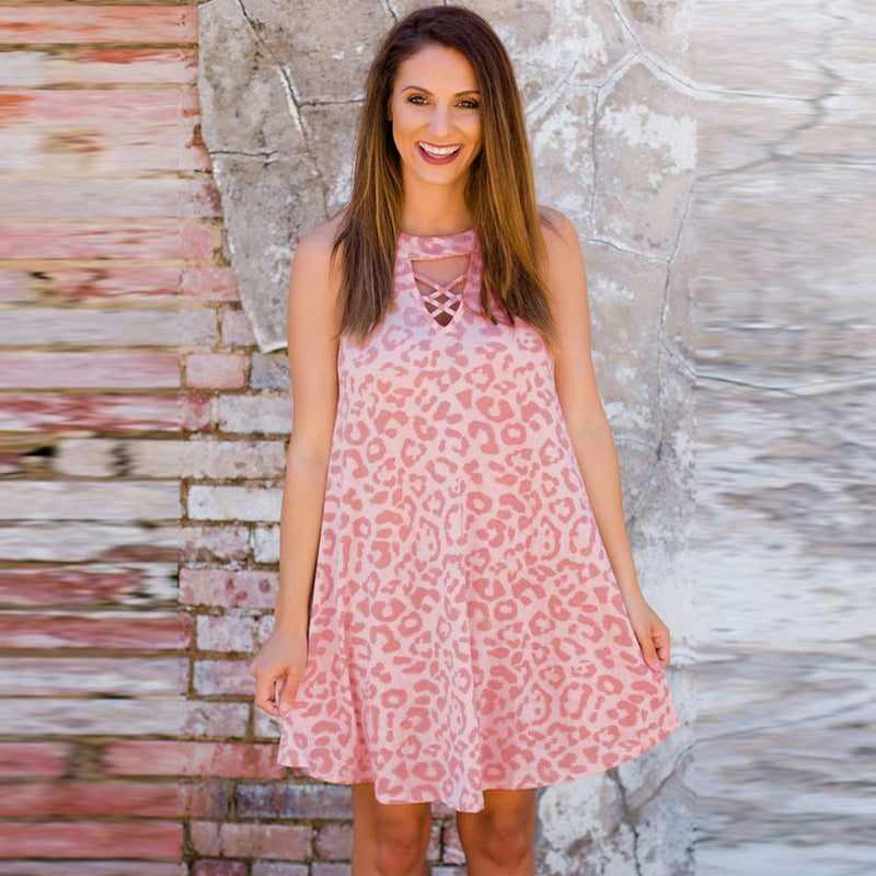 Wholesale Leopard Print Dress Loose Sleeveless Knee-Length Skirt