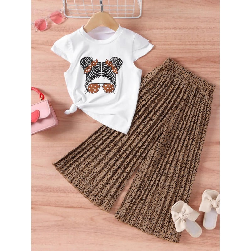 Wholesale Cartoon Avatar Short Sleeved and Wide Leg Pants Casual Polyester Two-piece Set