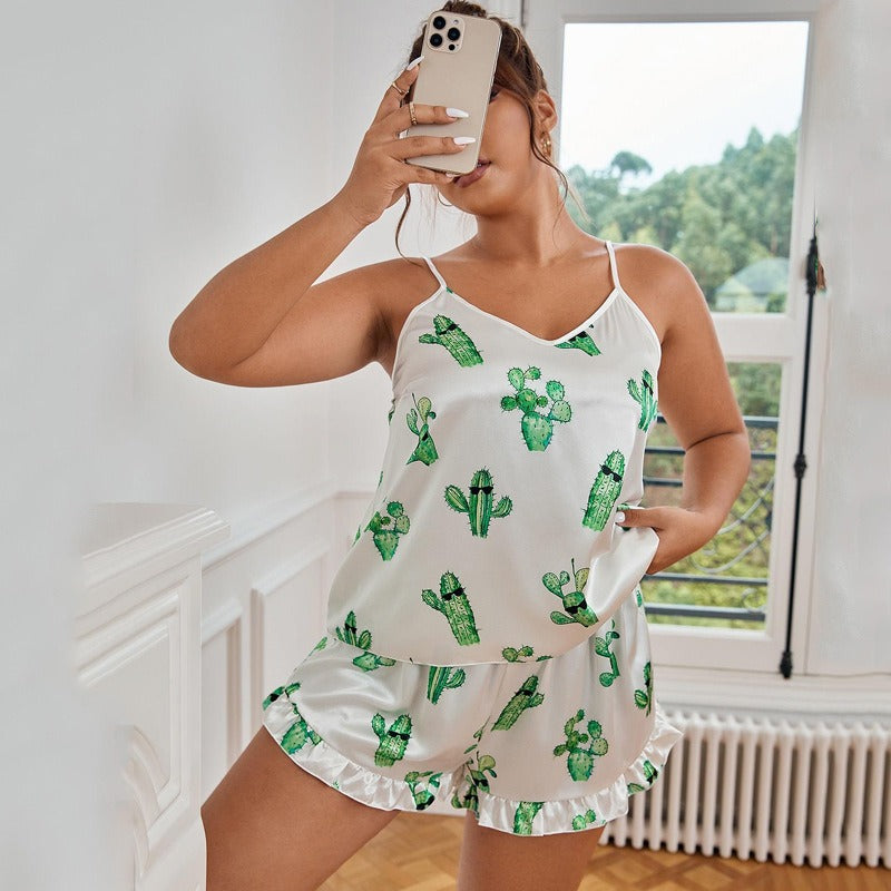 Wholesale Backless Cactus Suspender Shorts Suit Pajamas