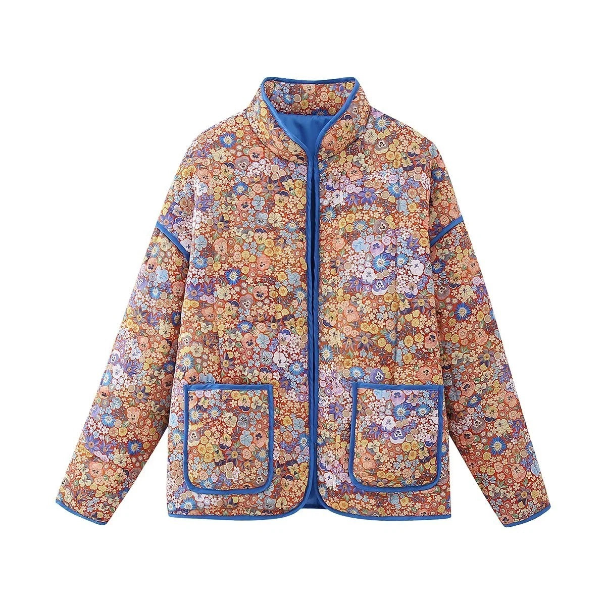 Wholesale Autumn Flower Print with Thin Pockets Adorning Cardigan Cotton Jacket