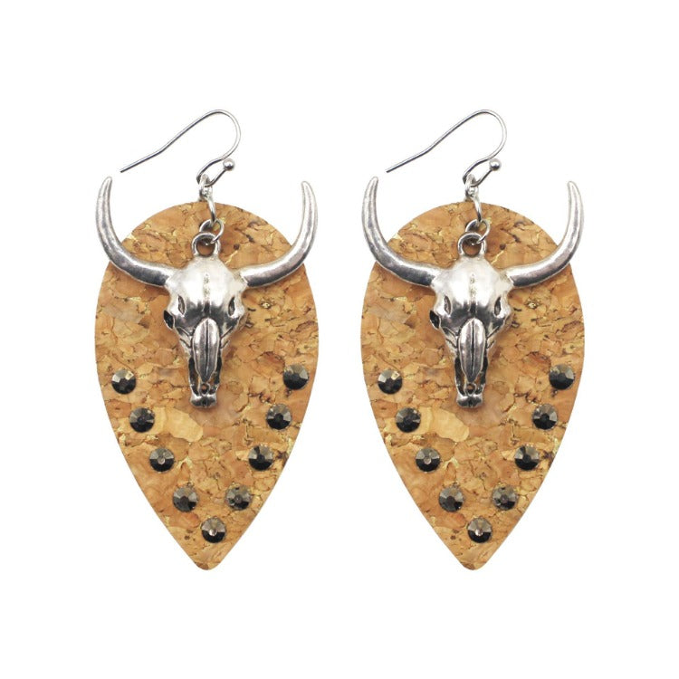 Wholesale Western Cowboy Cow Head Ethnic Style Leather Earrings