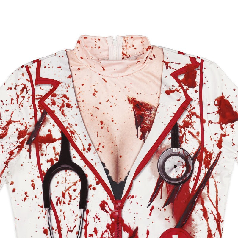 Wholesale Halloween Nurse Zombie Round Neck Slim Long Sleeve Dress