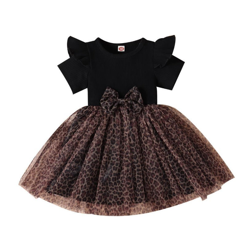 Wholesale Children's Short Sleeved Leopard Print Mesh Bow Cotton Dresses