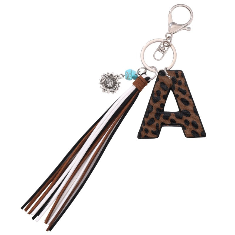 Wholesale Western Cowboy Style Leopard Oil Edge Leather Letter Tassel Keychains