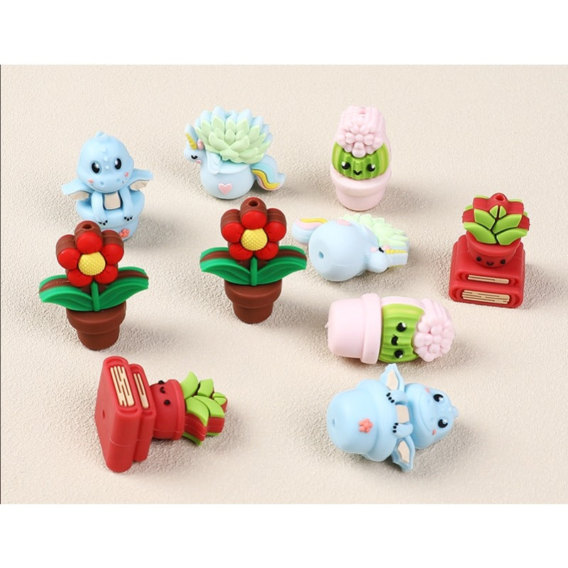 Wholesale 20pcs 3D Cartoon Potted Plants and Animals Silicone Beads