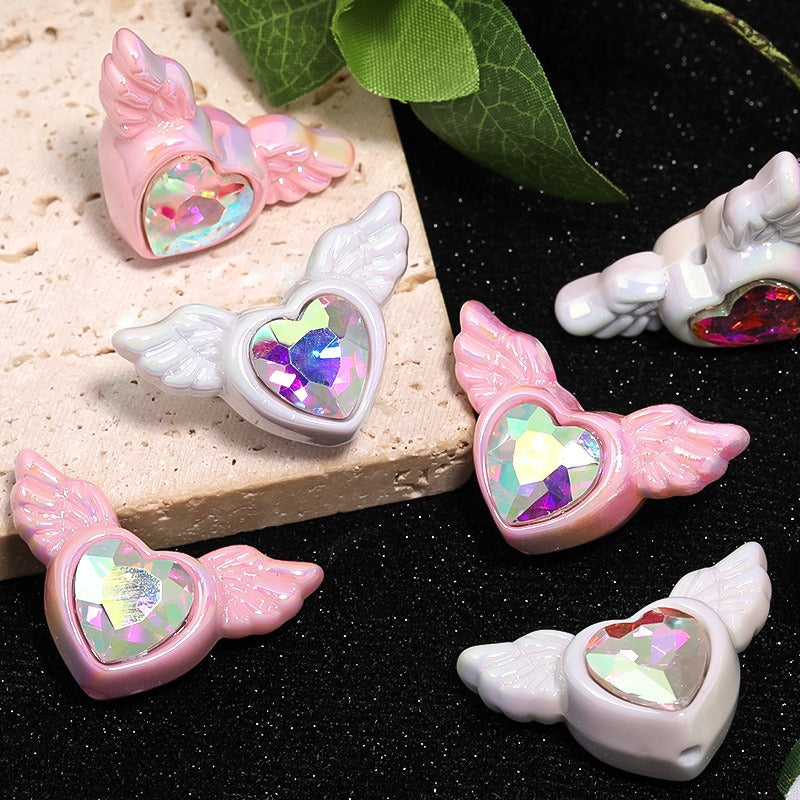 Wholesale 25pcs Double-sided Diamond Wings Love Heart Plated Acrylic Peach Heart Beads