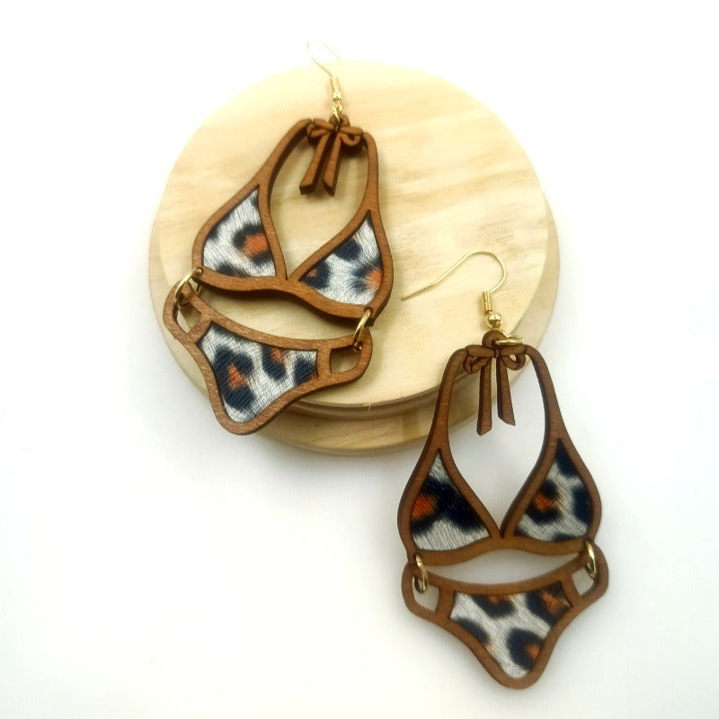 Wholesale Wood Cutting Hollow Double-layer Adhesive Leather Personalized and Fashionable Leopard Print Earrings