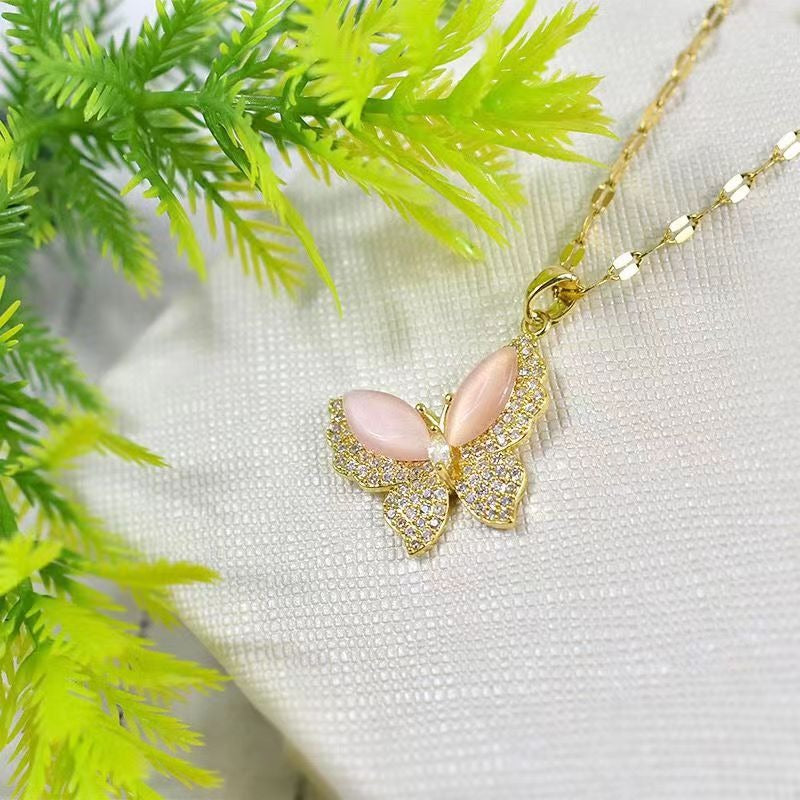 Wholesale Titanium Steel Rainbow Crystal Butterfly Necklaces
