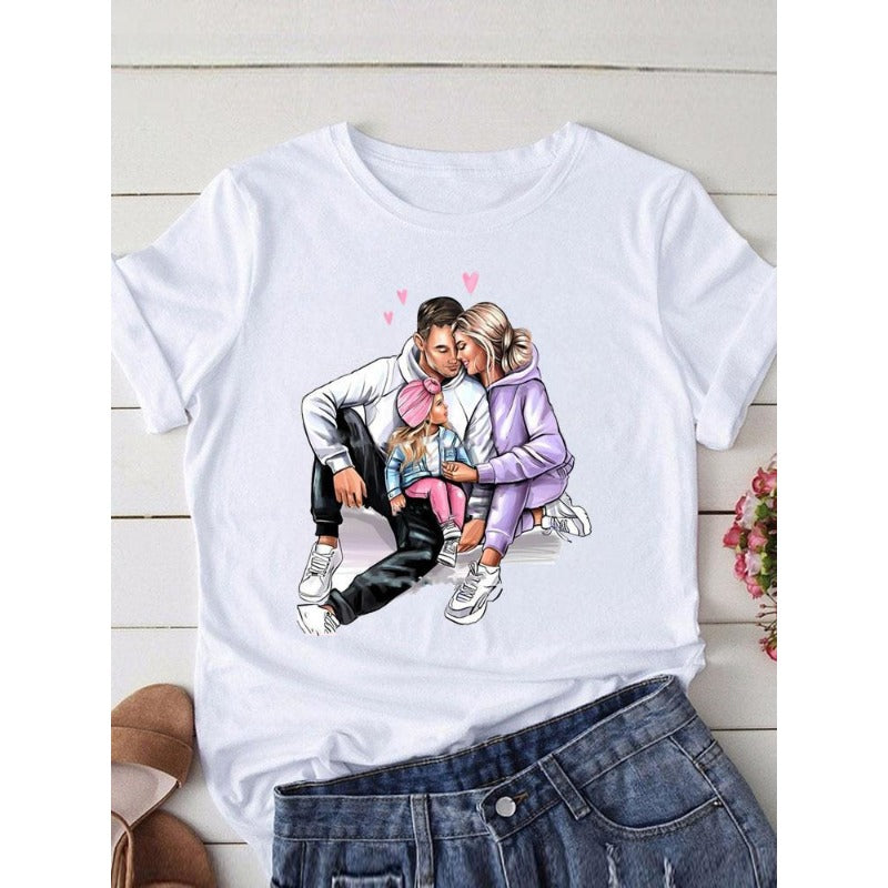 Wholesale Polyester Fun Mother's Day Printed Pattern Round Neck Short Sleeves