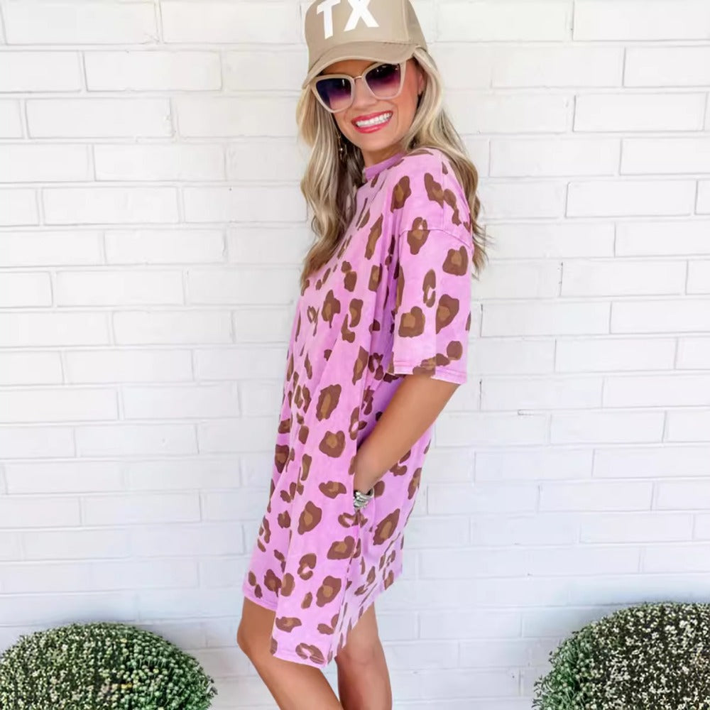 Wholesale One Step Skirt Leopard Print Round Neck Loose Dress