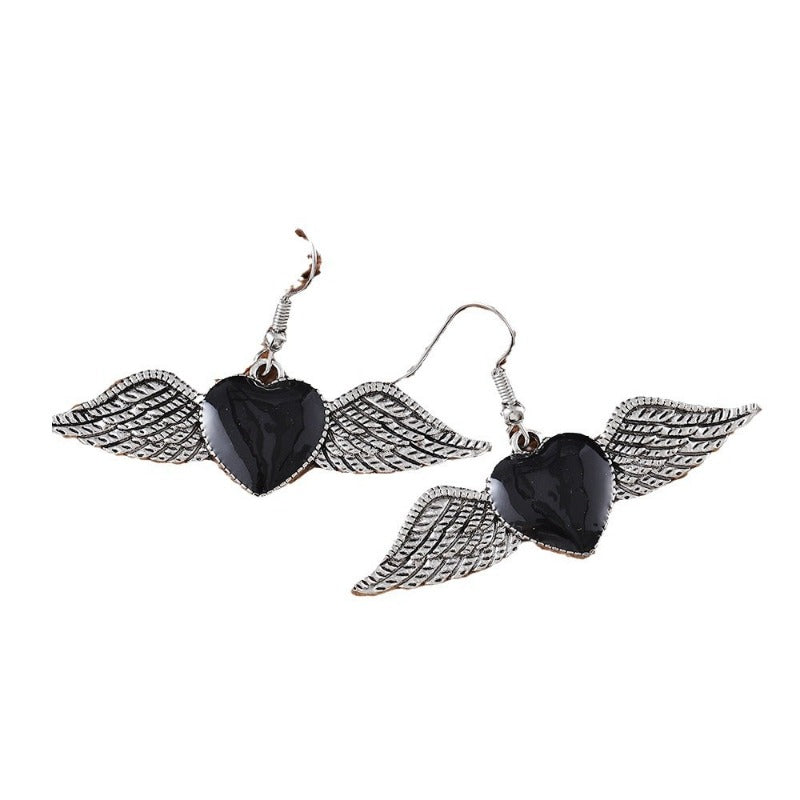 Wholesale Retro Gothic Style Peach Heart Wings Personality Niche Design Oil Drop Heart Wings Earrings
