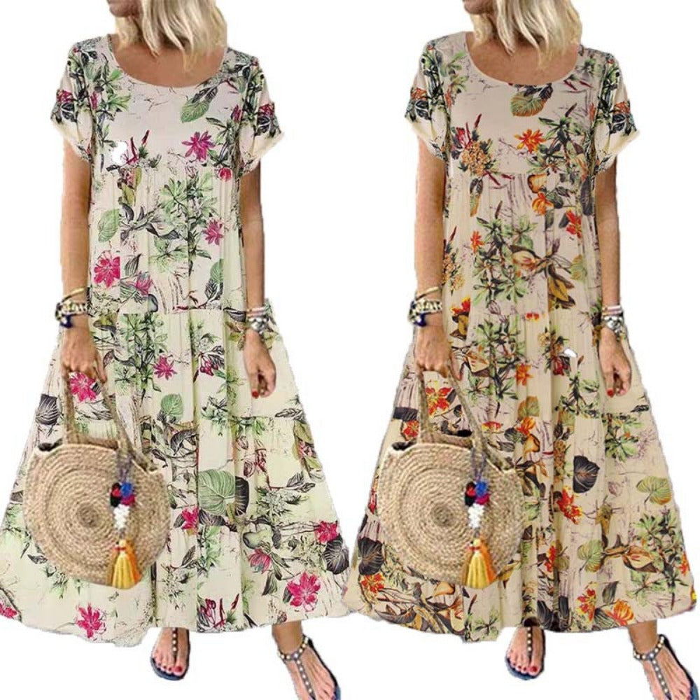 Wholesale Vintage Cotton and Linen Floral Print Short Sleeve Round Neck Dress