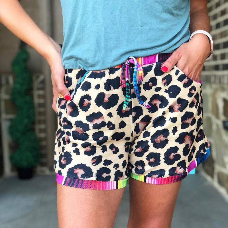 Wholesale Summer Leopard Print Stitching Sports Casual Shorts