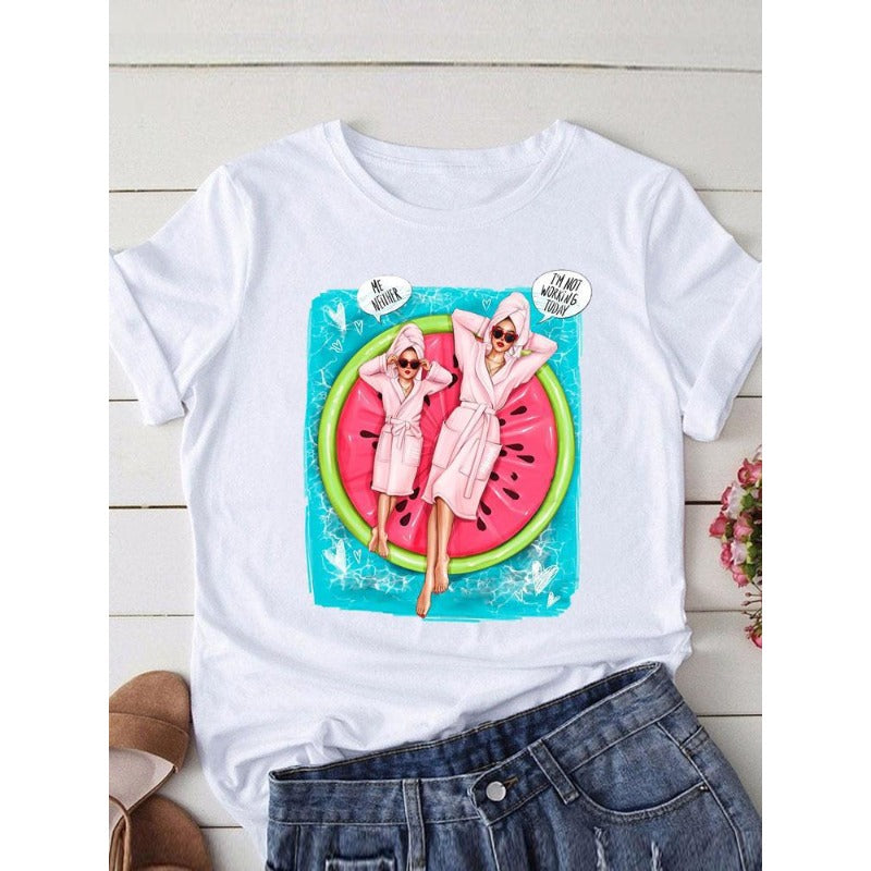 Wholesale Polyester Fun Mother's Day Printed Pattern Round Neck Short Sleeves