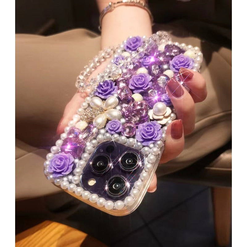 Wholesale Pearl Border Full Diamond Flower Phone Protective Cases