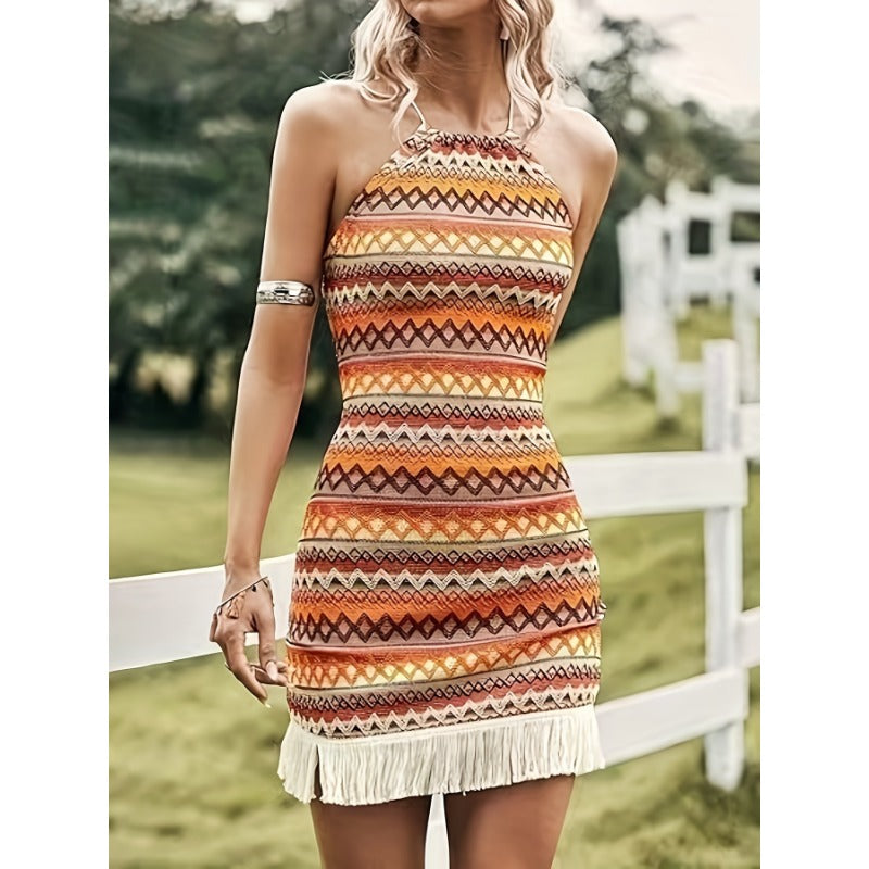 Wholesale Bohemian Halter Neck Suspenders Tassel Slim Fit Sexy Long Skirt