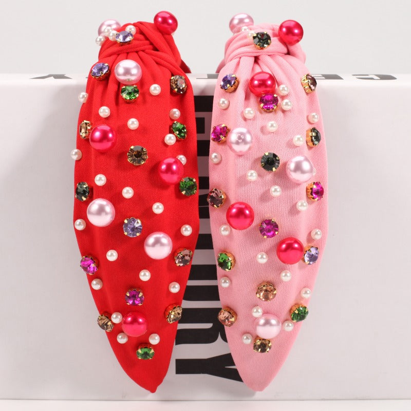 Wholesale Valentine's Day Wide Pink and Red Headband with Rhinestones and Pearls