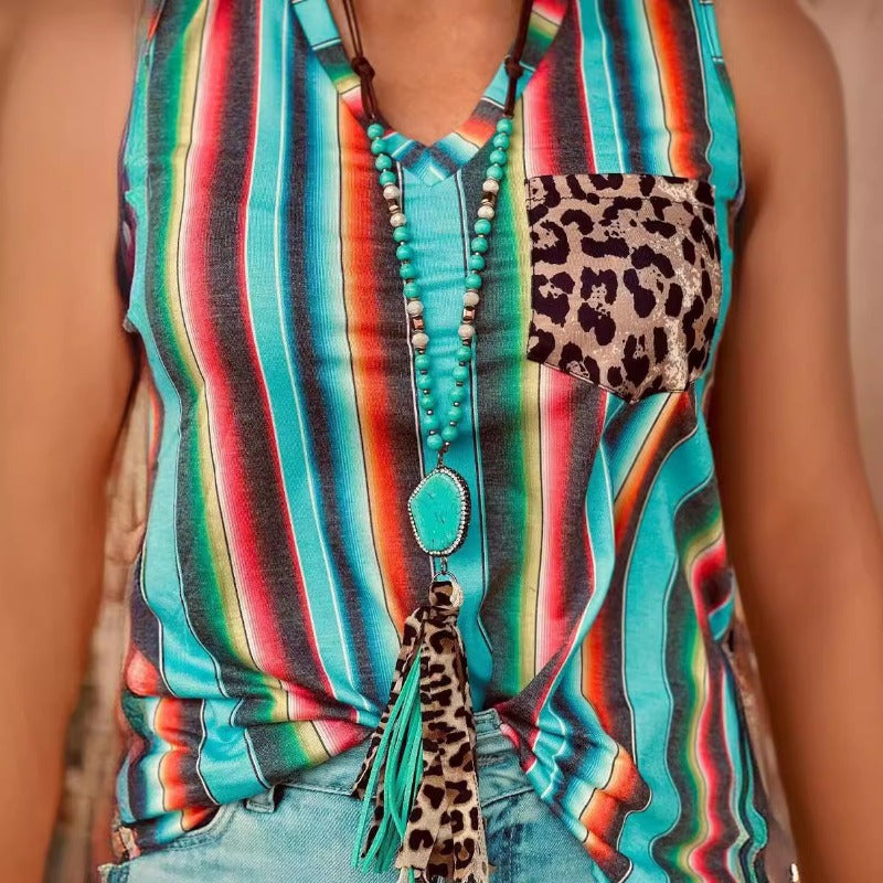 Wholesale Leopard Print Striped Loose Stitching Pullover Vest Top