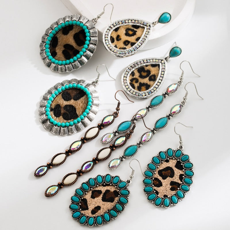 Wholesale Fashion Retro Bohemian Turquoise Leopard Ethnic Style Long Earrings