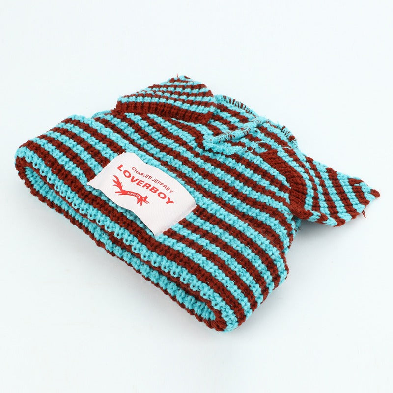 Wholesale Handmade Pig Ear Yarn for Autumn and Winter Warmth, Color Blocked Stripes, Fashionable Knitted Hat