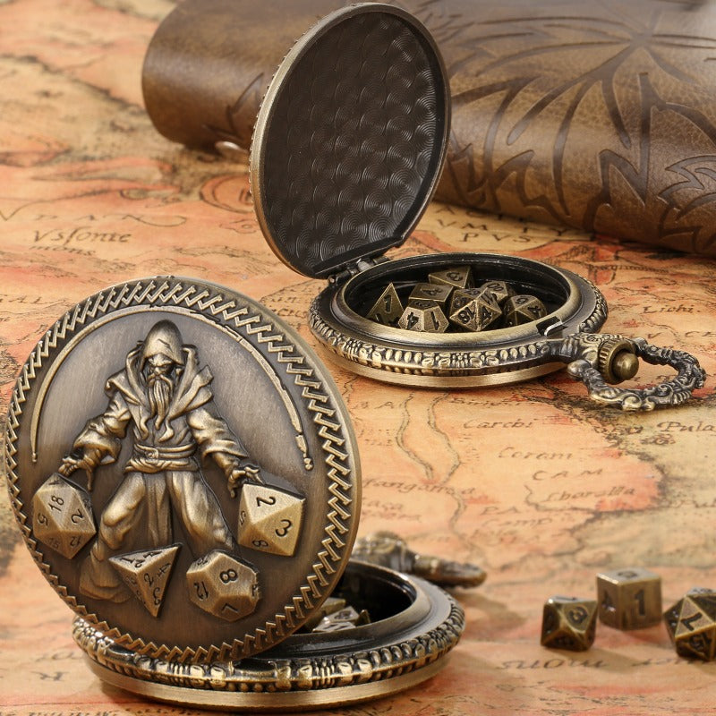 Wholesale DND Dice Vintage Flip Bronze Mage Thick Waist Chain Pocket Watch Case