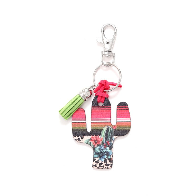 Wholesale Wooden Cactus Leopard Flower Rainbow Sunflower Stripe Printed Keychains