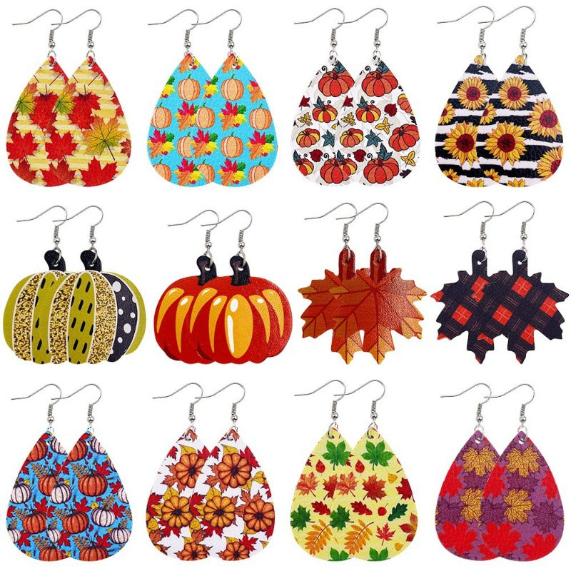 Wholesale Thanksgiving Pumpkin Autumn Maple Leaf Reversible Print Leather Earrings