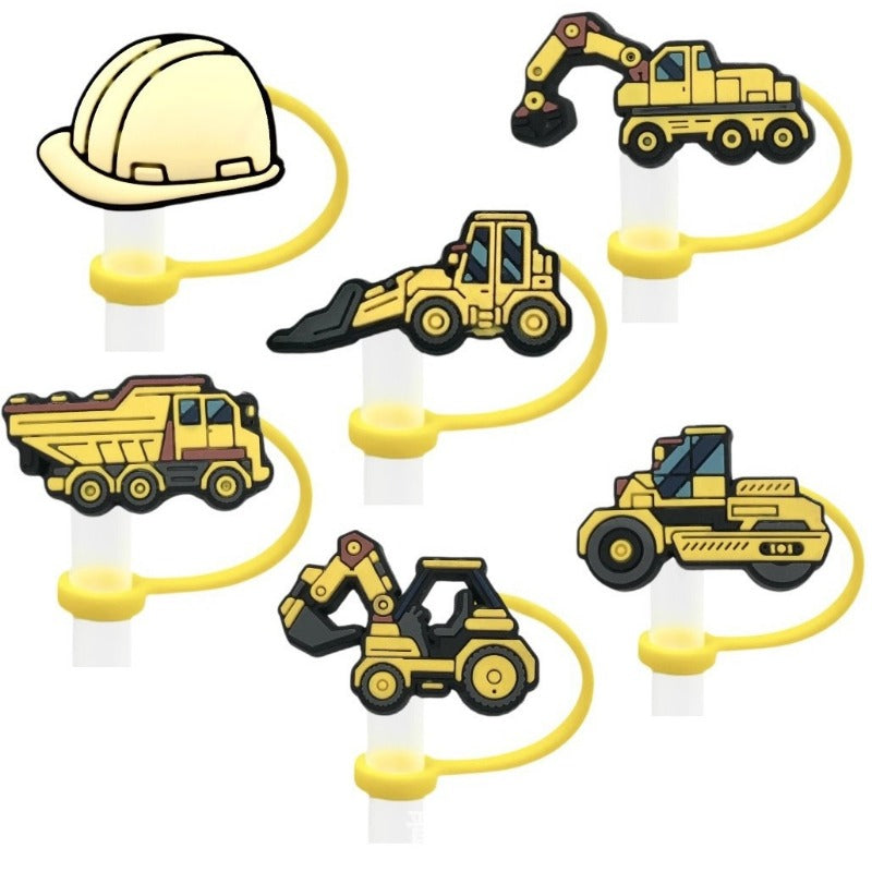 Wholesale 10pcs Cartoon Yellow Dustproof and Spillproof Children's Truck Excavator Straw Cover