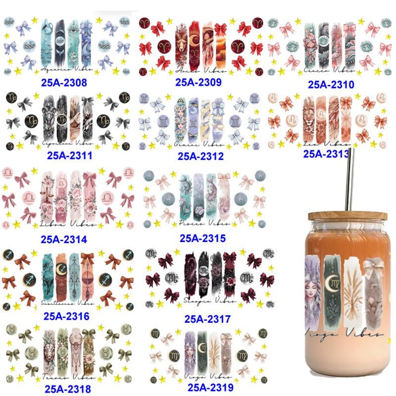 Wholesale 1pcs/5pcs Cute Cartoon Little Bow Twelve Zodiac Patterns 16oz Cup UV DTF Wraps
