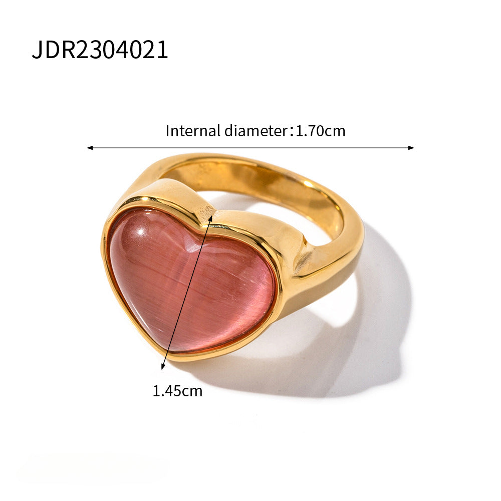 Wholesale 18K Gold Heart Shaped Pink Cat's Eye Stainless Steel Ring
