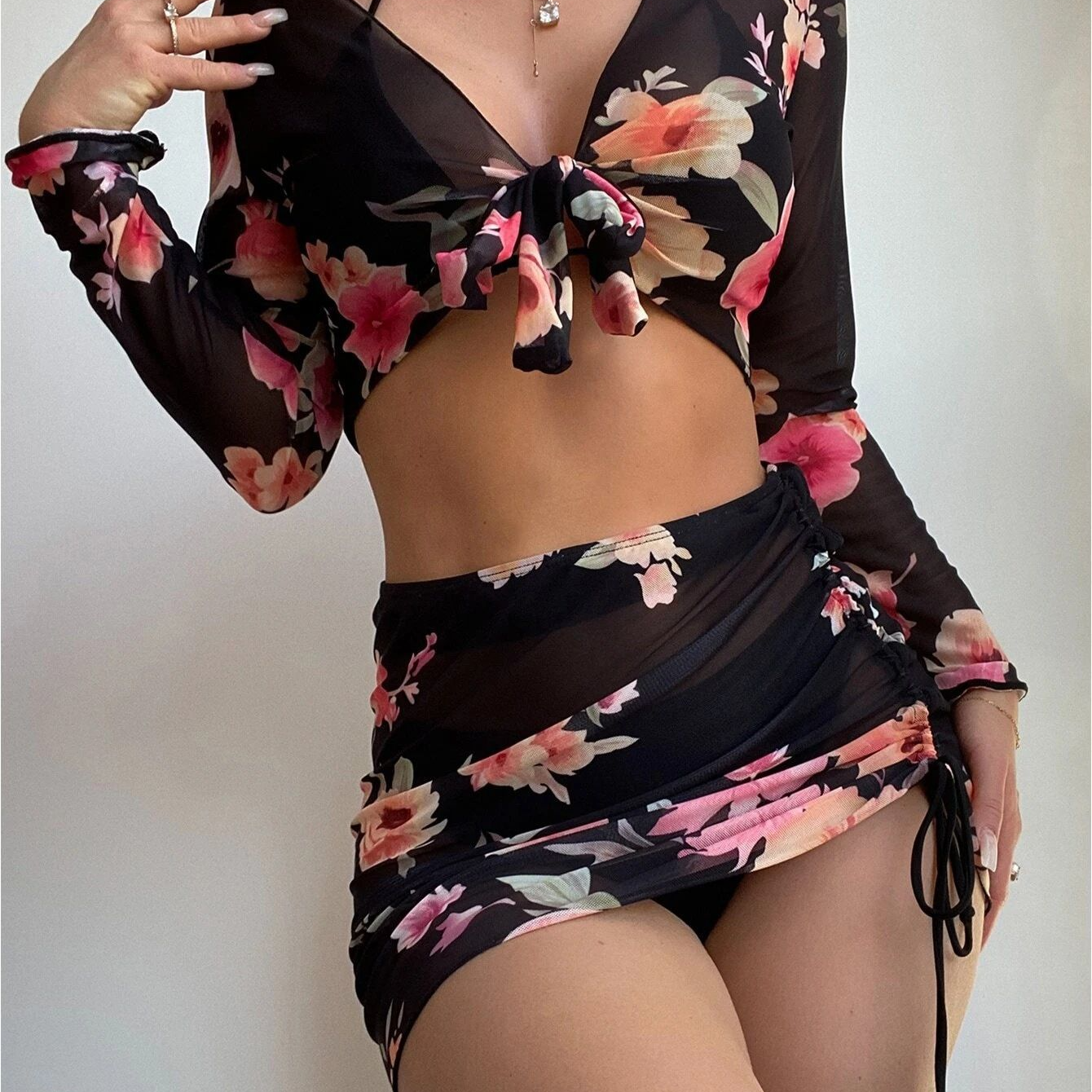 Wholesale Four-piece Set Split Printed Mesh Long Sleeve Swimwear