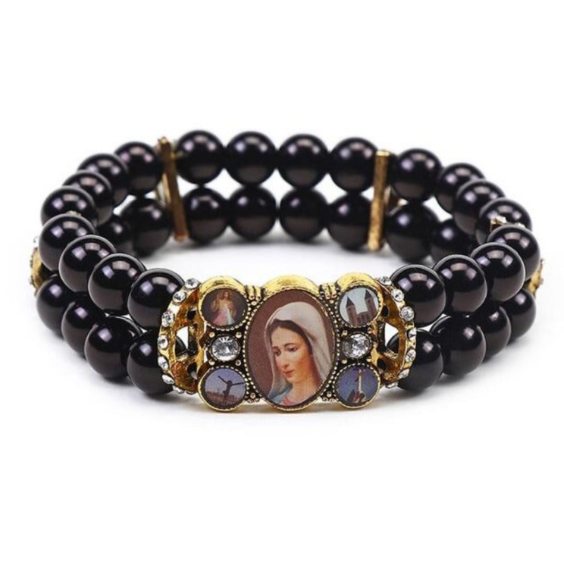 Wholesale Our Lady of The Cross Church Diamond Crystal Icon Imitation Black Onyx Bracelet