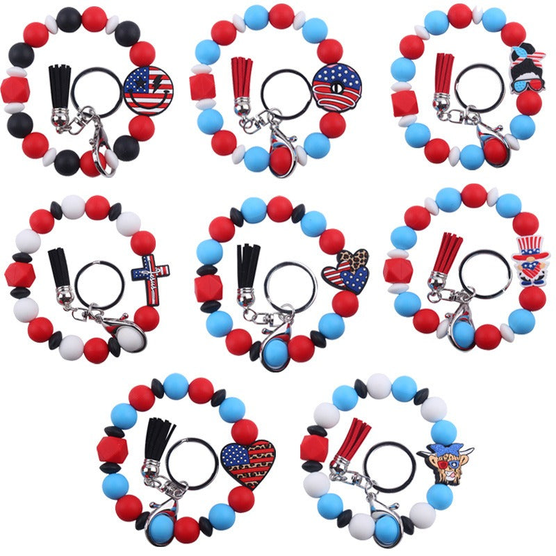 Wholesale Leather Tassel Independence Day Silicone Bead Bracelet Keychain