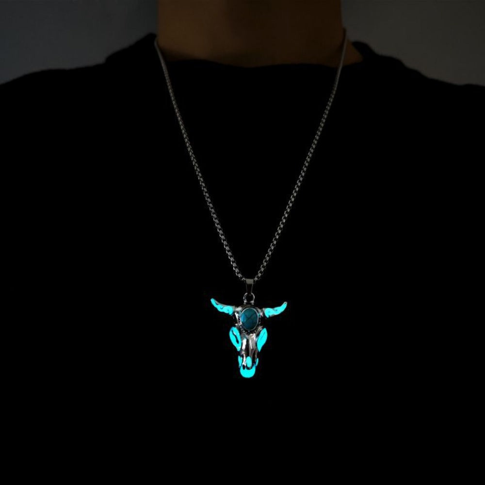Wholesale Turquoise Skull Bull Head Stainless Steel Luminous Pendant Necklace