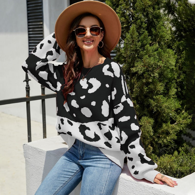 Wholesale Valentine's Day Round Neck Jacquard Leopard Print Fashion Plus Size Women's Sweater