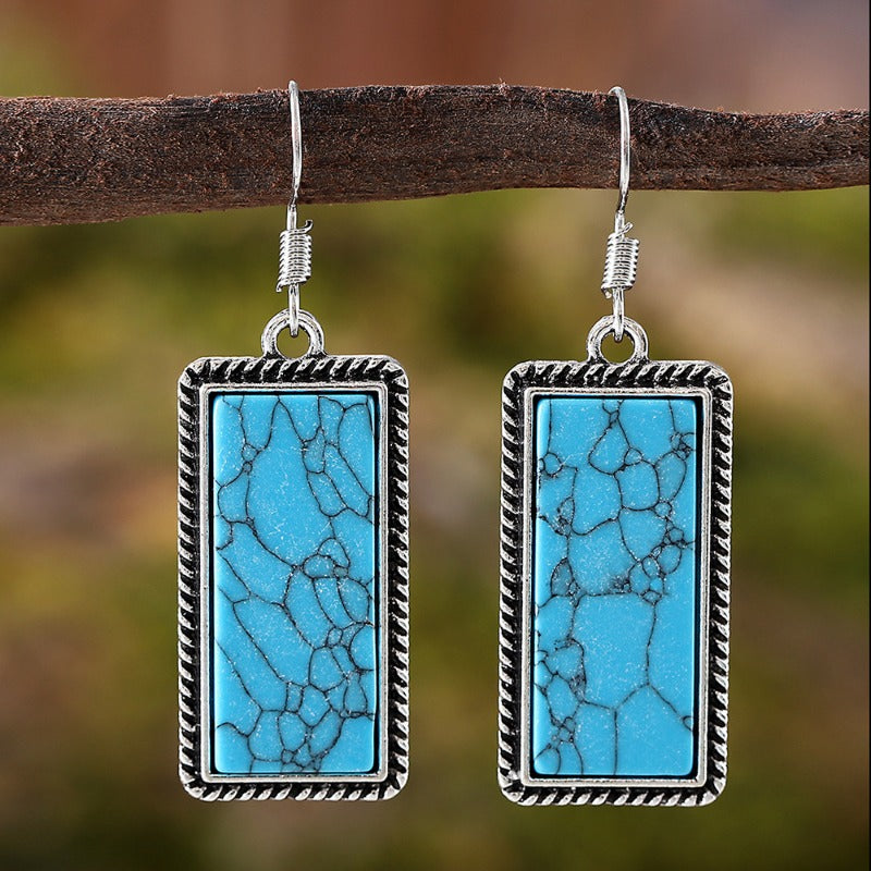 Wholesale Bohemian Inlaid Rectangular Turquoise Geometric Pendant Earrings Necklace Set