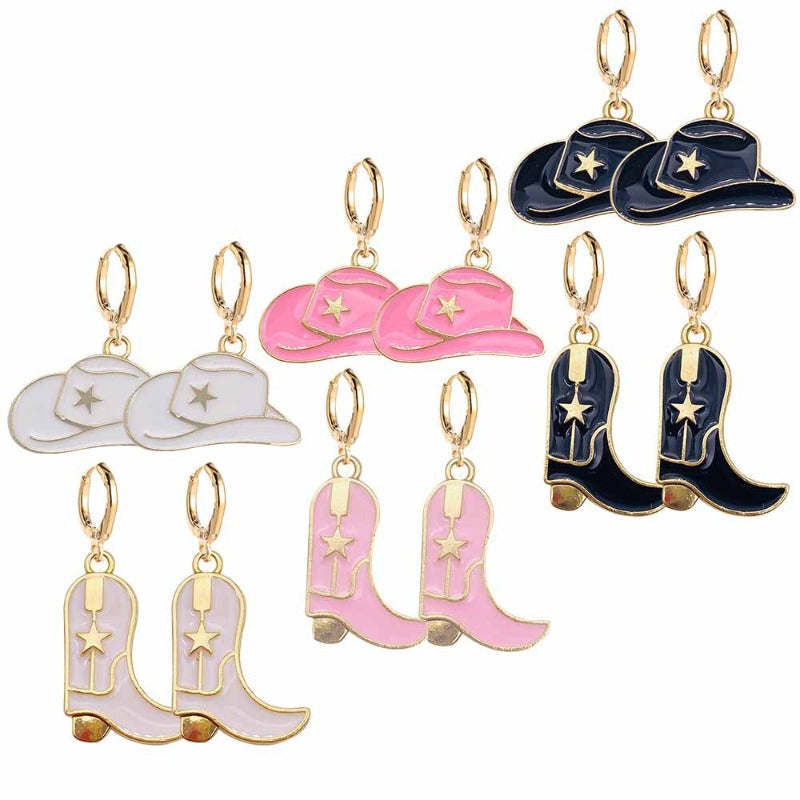 Wholesale Retro Cowboy Boots Fashion Hat Alloy Drip Oil Pendant Earrings