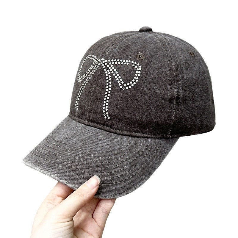 Wholesale Bow Rhinestone Soft Top Distressed Baseball Cap