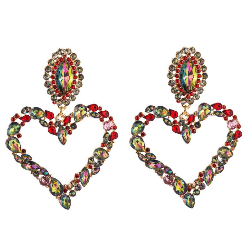 Wholesale Popular Heart-shaped Alloy Inlaid with Colored Diamonds Retro Temperament Exaggerated Super Shiny Full Diamond Earrings