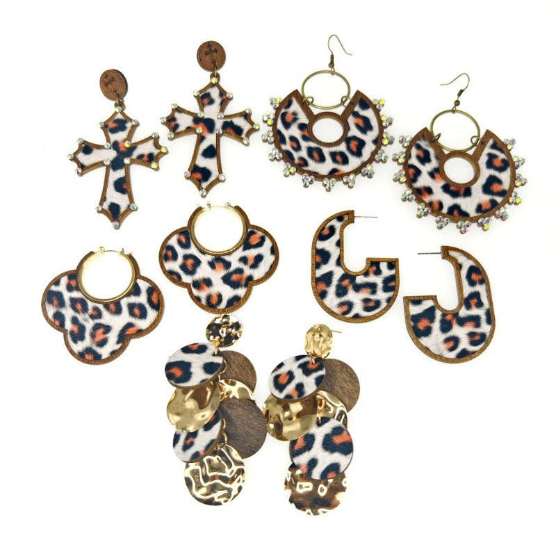 Wholesale Wooden Cut Double-layer Skin Leopard Print Exaggerated Retro Personality Grape String Earrings