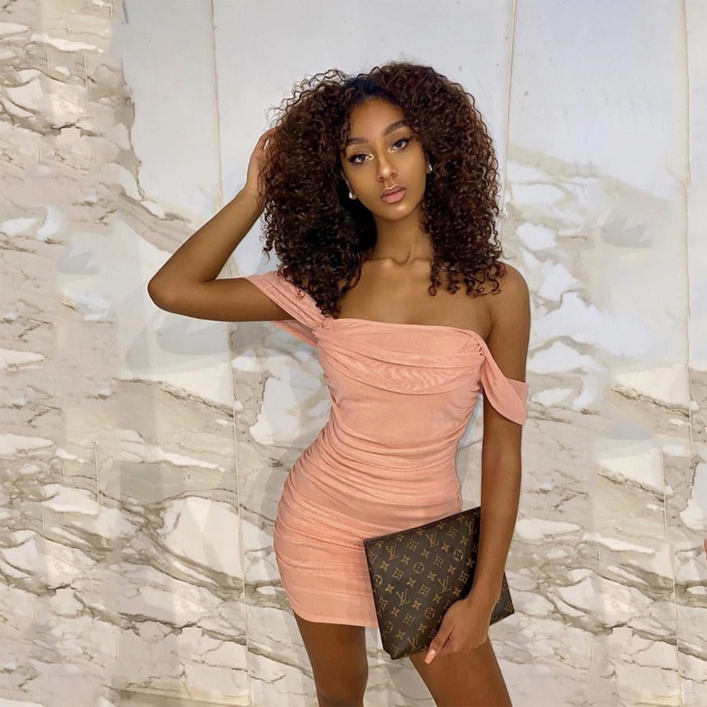 Wholesale Suspender One-shoulder Neck Mesh Sexy Hip Dress